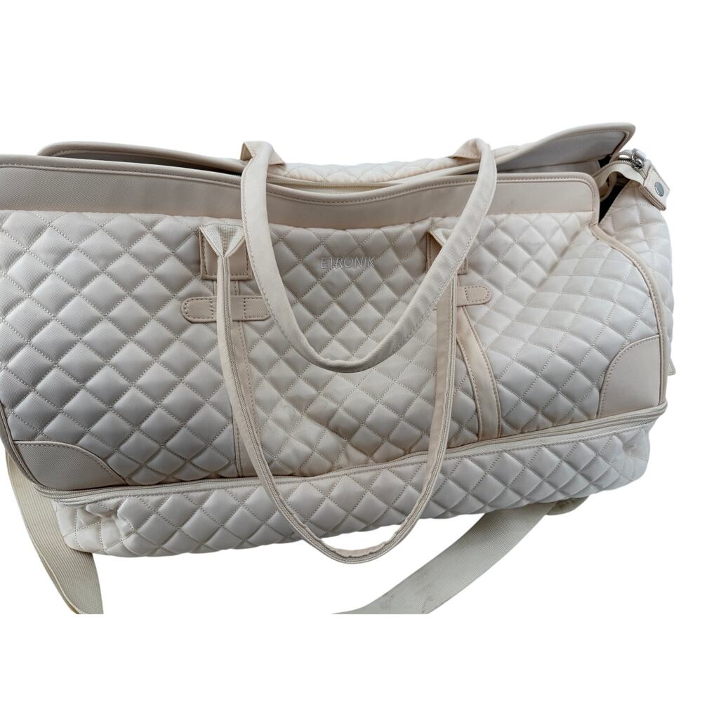 Quilted Weekender Travel Bag USB Carry On Beige 21x13 Shoe Storage